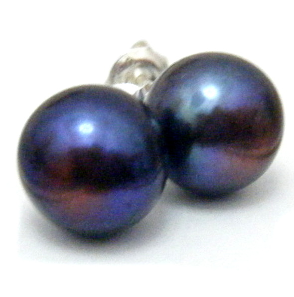 Blue 8.8mm Button Pearl Stud Earrings on Silver